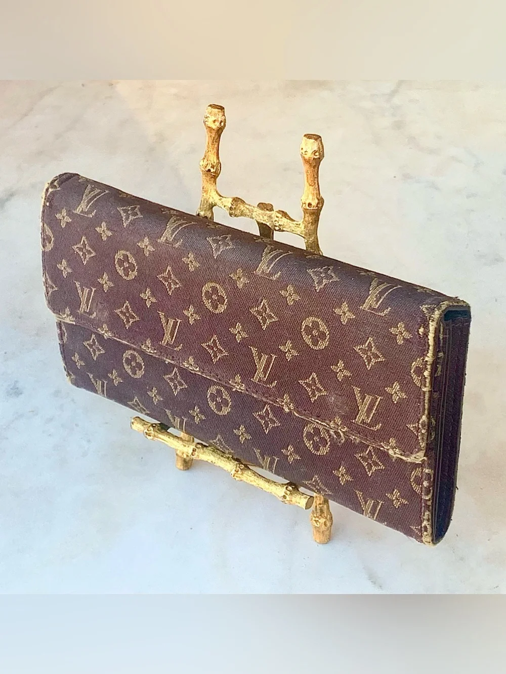 LOUIS VUITTON MINI LIN SARAH Brown CLOTH Monogram Continental Wallet VINTAGE